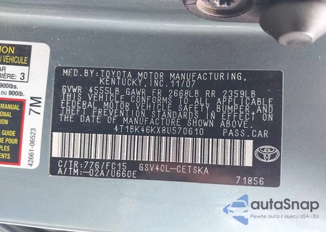 2008 Toyota Camry Se V6 from USA, damaged, VIN 4T1BK46KX8U570610